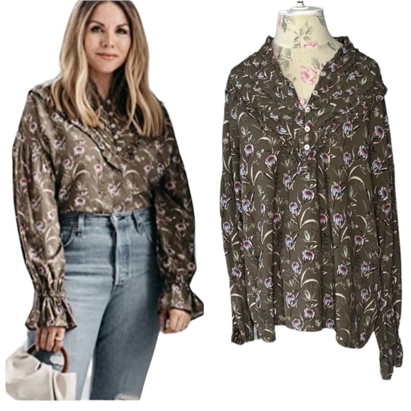 the Drop Tops - The Drop Cottage Core Olive Floral Ruffle Blouse by Ashley Robertson  XL NWT
